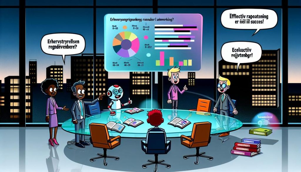 Billedebeskrivelse: "Erhvervsstyrelsen regnskaber nødvendige?" - Tegneseriekontor med højteknologisk team og glædelig robotassistent.