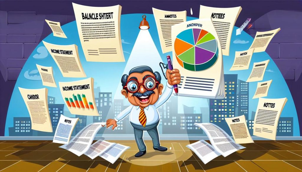 Colorful cartoon infographic: "Hvad skal der være i et årsregnskab?" for good financial planning.