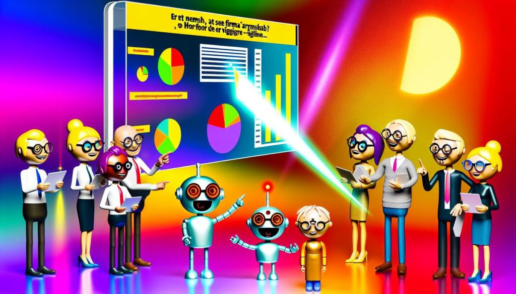 En moderne kontor med karakterer, der studerer et farverigt årsregnskab på en skærm.