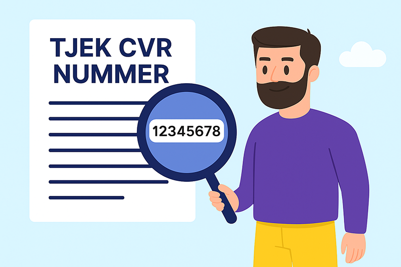 Mand med skæg analyserer CVR-nummer med lup foran rapport med økonomiske symboler og søjlediagrammer. Illustration i flad grafikstil, lyseblå baggrund med skyer.